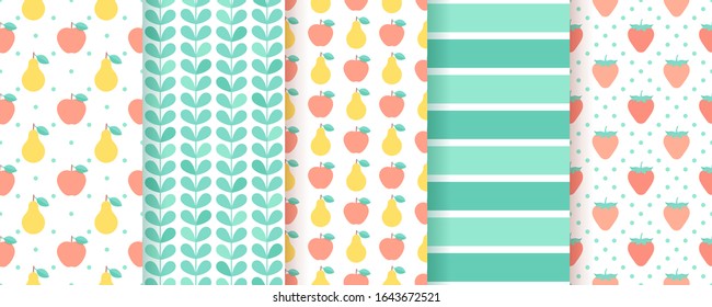 Scrapbook background. Vector. Seamless pattern for scrap design. Cute chic print with stripes, apples, pears, leaves. Trendy summer texture. Paper pack. Color illustration. Geometric backdrop.