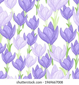 Scrapbook blue crocus flowers seamless pattern. Isolated backdrop. Natural scrapbook floral artwork. Flat vector print for textile, fabric, giftwrap, wallpapers. Endless illustration.