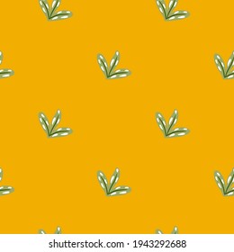 Scrapbook botanic seamless pattern with green colored simple leaf print. Bright orange background. Perfect for fabric design, textile print, wrapping, cover. Vector illustration.