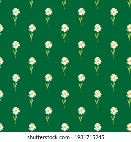 Scrapbook botanic seamless pattern with hand drawn white chrysanthemum ornament. Green grass bright background. Stock illustration. Vector design for textile, fabric, giftwrap, wallpapers.