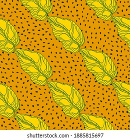Scrapbook botanic seamless pattern with outline yellow leaf shapes. Orange dotted background. Great for wallpaper, textile, wrapping paper, fabric print. Vector illustration.