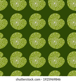 Scrapbook botany seamless pattern in green olive tones with hand drawn simple lily water silhouettes print. Designed for fabric design, textile print, wrapping, cover. Vector illustration