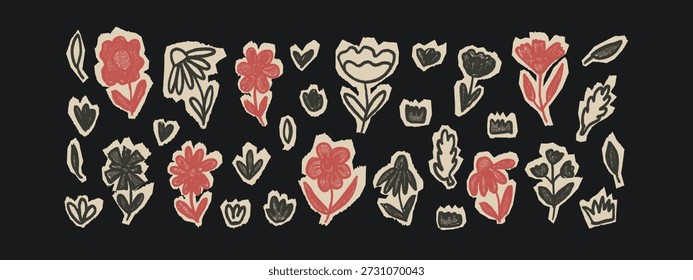 Holzkohle gezeichnete Kritzeleien schneiden nordische Blumen aus. Naive rote schwarze Doodle floral auf beige Stücke von Papier Aufkleber. Satz von Schrott Buch Form Buntstifte Texturen. Vektorgrafik der Ephemera-Kollage