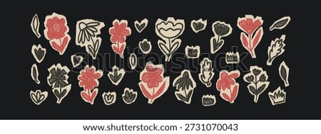 Scrapbook charcoal drawn scribble cut out nordic flowers. Naive red black doodle floral on beige pieces of paper stickers. Set of scrap book shape crayon textures. Vector ephemera collage illustration