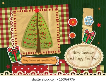 Scrapbook Christmas greeting card. Vector illustration. Print 