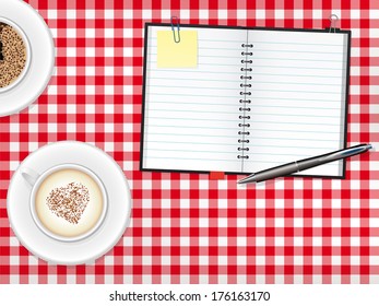 Scrapbook and Coffee Cups on Table. Open scrapbook with Ballpoint-Pen, Cappuccino and Coffee cups on checkered tablecloth vector illustration