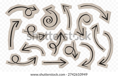 Scrapbook collage arrows collection. Doodle arrow cut-out of paper. Various arrows of hand-drawn drawings with a pencil or thin chalk on textured paper. Cut out scrapbook pointers. Vector illustration