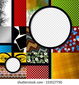 Scrapbook collage composition with texture, materials