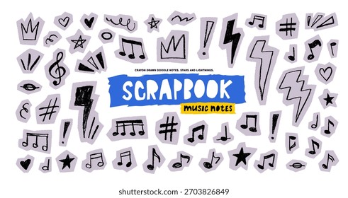 Scrapbook collage doodle scribble music notes. Doodle punk crayon drawn elements. Texture music notes on cutout paper. Scrapbook vector elements for music festival design, journaling, party.