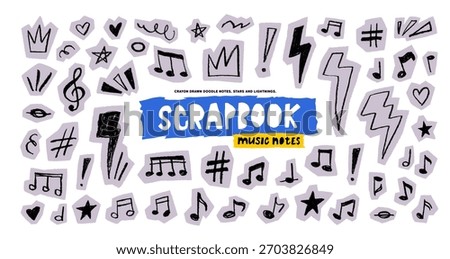 Scrapbook collage doodle scribble music notes. Doodle punk crayon drawn elements. Texture music notes on cutout paper. Scrapbook vector elements for music festival design, journaling, party.