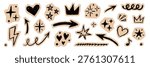 Scrapbook collage element sticker set. Hand drawn paper cut collage with crayon doodle line sketch texture background. Cute retro journal notebook scrap heart star circle arrow lightning crown. Vector