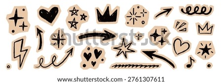 Scrapbook collage element sticker set. Hand drawn paper cut collage with crayon doodle line sketch texture background. Cute retro journal notebook scrap heart star circle arrow lightning crown. Vector