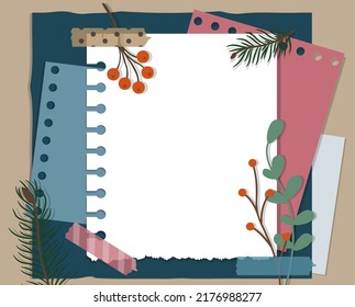 Scrapbook collage paper frame. Retro ig album page with leaves and Rowan berries. Winter craft flower story. Notepad empty sheets. Holiday bouquet. Plant elements. Vector illustration