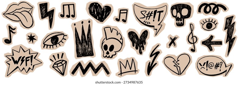 Scrapbook collage punk and rock style crayon drawn shapes. Texture torn grunge collection of graffiti doodle figures. Hand drawn fire, lightning, speech bubbles, rock and roll on cutout paper.