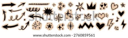 Scrapbook collage sticker element set. Hand drawn paper cut collage with crayon doodle line brush texture. Cute planner craft template design with heart circle arrow star label frame. Vector