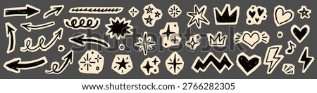 Scrapbook collage sticker element set. Hand drawn paper cut collage with crayon doodle line brush texture. Cute planner craft template design with heart circle arrow star label frame. Vector