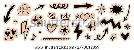 Scrapbook collage sticker element set. Hand drawn paper cut collage with crayon doodle line brush scribble texture. Cute grunge notebook diary scrap heart star circle arrow lightning crown. Vector