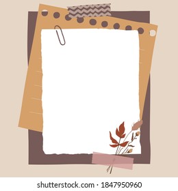 Scrapbook composition with notes paper, tapes and flowers elements. Page for stories. Vector illustration