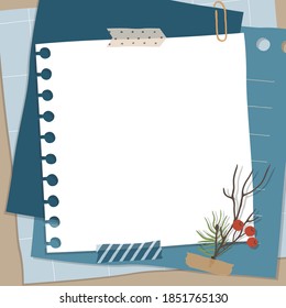 Scrapbook Composition With Notes Paper, Tapes, Flowers Elements And Photo Frame. Page For Stories In Winter Style. Vector Illustration