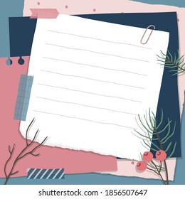 Scrapbook composition with notes paper, tapes, flowers elements and photo frame. Page for stories in winter style. Vector illustration