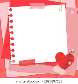 Scrapbook composition with notes paper, tapes, flowers elements and heart sticker. Page for valentine greeting card. Vector illustration