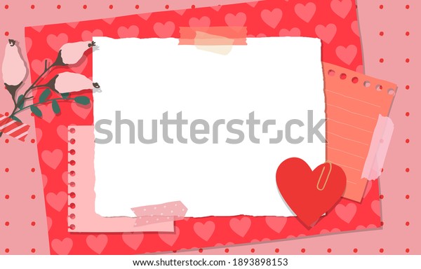 Scrapbook composition with\
notes paper, tapes, flowers elements and heart sticker. Page for\
valentine greeting card. Banner with place for text. Vector\
illustration