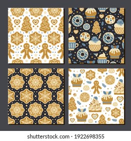 Scrapbook cookies pattern set. Collection of 4 prints with cookies, candy. Vector cute seamless backgrounds. Trendy packing papers. Sweet textures. Chic backdrops. Design for Christmas and New year. 