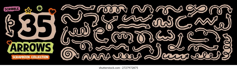 Conjunto de doodle de flechas de crayón de Scrapbook. Remolinos de lápiz de tiza, punteros de dirección ondulados recortados en estilo de boceto, textura Grunge. Ilustración vectorial dibujada a mano aislada sobre fondo negro