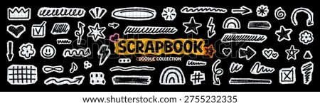 Scrapbook crayon kids scribble shapes, brush lines doodle set. Pencil cutout elements, check mark, arrows, stars and hearts in sketch style. Hand drawn vector illustration isolated on black background