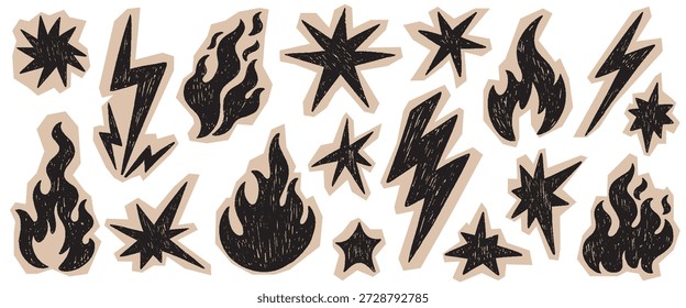 Scrapbook crayon relâmpago, fogo e estrela. Rabiscos de textura friável, Flash relâmpago estrela pastel punk rock conjunto. Vetor rasgado artesanato papel rabiscar elementos, vintage rebelar estética.
