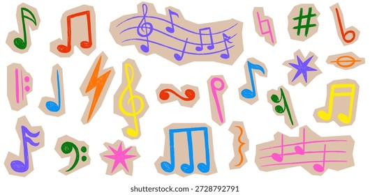 Scrapbook crayon music notes set. Doodle scribble musical symbol shapes. Collage texture music notes on cutout paper. Vector torn craft paper elements for music festival design, journaling, party.