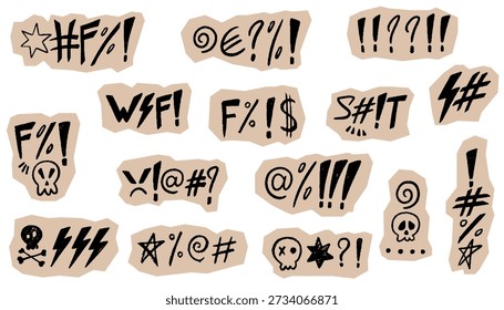 Scrapbook crayon swear words and curses set. Vector torn chalk scribble symbols with skull, stars, lightning. Curse, rude, swear word for angry, bad, negative expression with beige craft tear paper