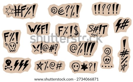 Scrapbook crayon swear words and curses set. Vector torn chalk scribble symbols with skull, stars, lightning. Curse, rude, swear word for angry, bad, negative expression with beige craft tear paper