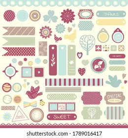 Scrapbook Design Element. Set of vintage scrapbooking vector elements. Collection of various scrap booking sticker, label, frame, border in retro style. EPS8