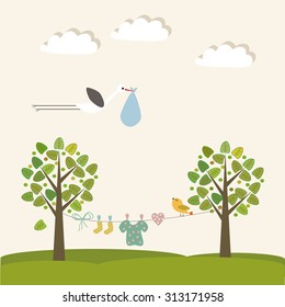 Scrapbook design elements Baby boy arrival card - Baby shower design elements with stork