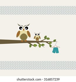 Scrapbook design elements. Baby boy announcement card. Baby shower design elements with cute owls and lace elements