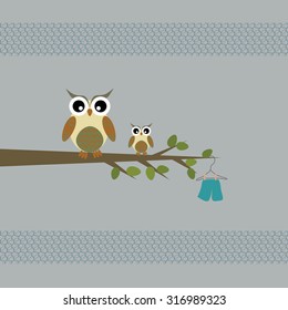 Scrapbook design elements. Baby boy announcement card. Baby shower design elements with cute owls and clouds, blue background