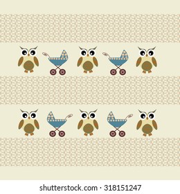 Scrapbook design elements. Baby boy announcement card. Baby shower design elements with cute owls, pram and lace elements