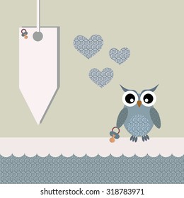 Scrapbook design elements. Baby boy announcement card. Baby shower design elements with cute owl, hearts, pacifier, green background