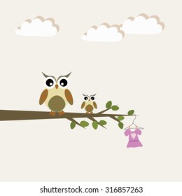 Scrapbook design elements. Baby girl announcement card. Baby shower design elements with cute owls