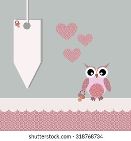 Scrapbook design elements. Baby girl announcement card. Baby shower design elements with cute owl, pacifier and hearts, blue background