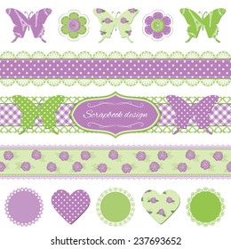 Scrapbook design elements. Bright lavender and green colors.