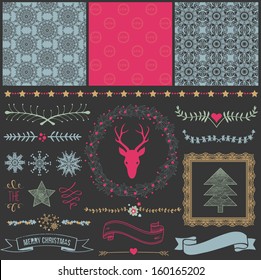 Scrapbook Design Elements: Christmas decorations, frames, ribbon, label, snowflakes, deer  head and set of cute backgrounds. For design or scrap booking.