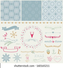 Elementos de diseño de cuadernillo: Decoración navideña, cuadros, cintas, etiquetas, copos de nieve, ciervos y un conjunto de adorables fondos. Para el diseño o la reserva de chatarra.