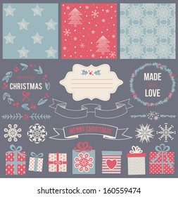 Scrapbook Design Elements: Christmas decorations, photo frames, ribbon, label, deer head, arrows and set of 3 cute backgrounds. For design or scrap booking.