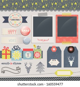 Scrapbook Design Elements: Christmas decorations, photo frames, ribbon, label, snowflakes, deer head, gift box, tags. For design or scrap booking.