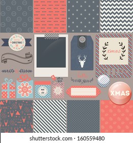 Scrapbook Design Elements: Christmas decorations, photo frames, ribbon, label, deer head, gift boxes and set of 8 cute backgrounds. For design or scrap booking.