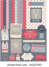 Scrapbook Design Elements: Christmas decorations, frames, ribbon, label, snowflakes, deer and set of cute backgrounds. For design or scrap booking.