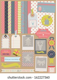 Scrapbook Design Elements: Christmas decorations, frames, ribbon, label, snowflakes, deer and set of cute backgrounds. For design or scrap booking.