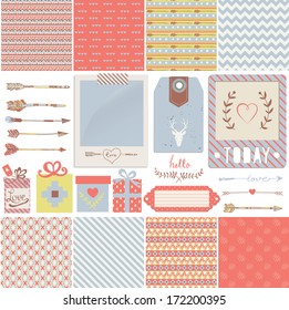 Scrapbook Design Elements: labels, ribbon, tag, arrow, frame, gift boxes and cute seamless backgrounds. For design or scrap booking.